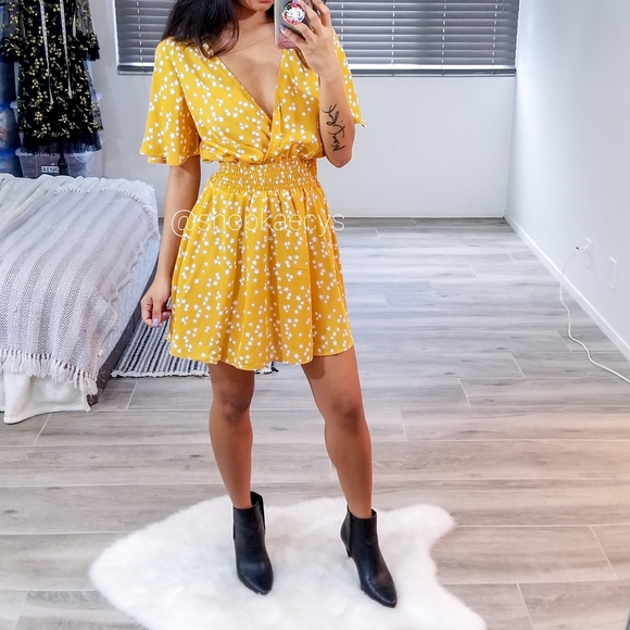 Mustard Print Flutter Sleeve Mini Dress - Picture 3 of 7